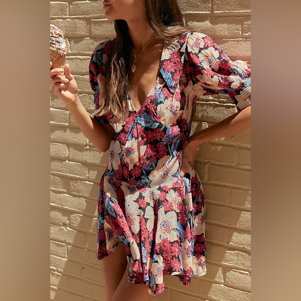 Free People Sugar Crush Floral Mini Dress Small Boho Babydoll Drop Waist Red